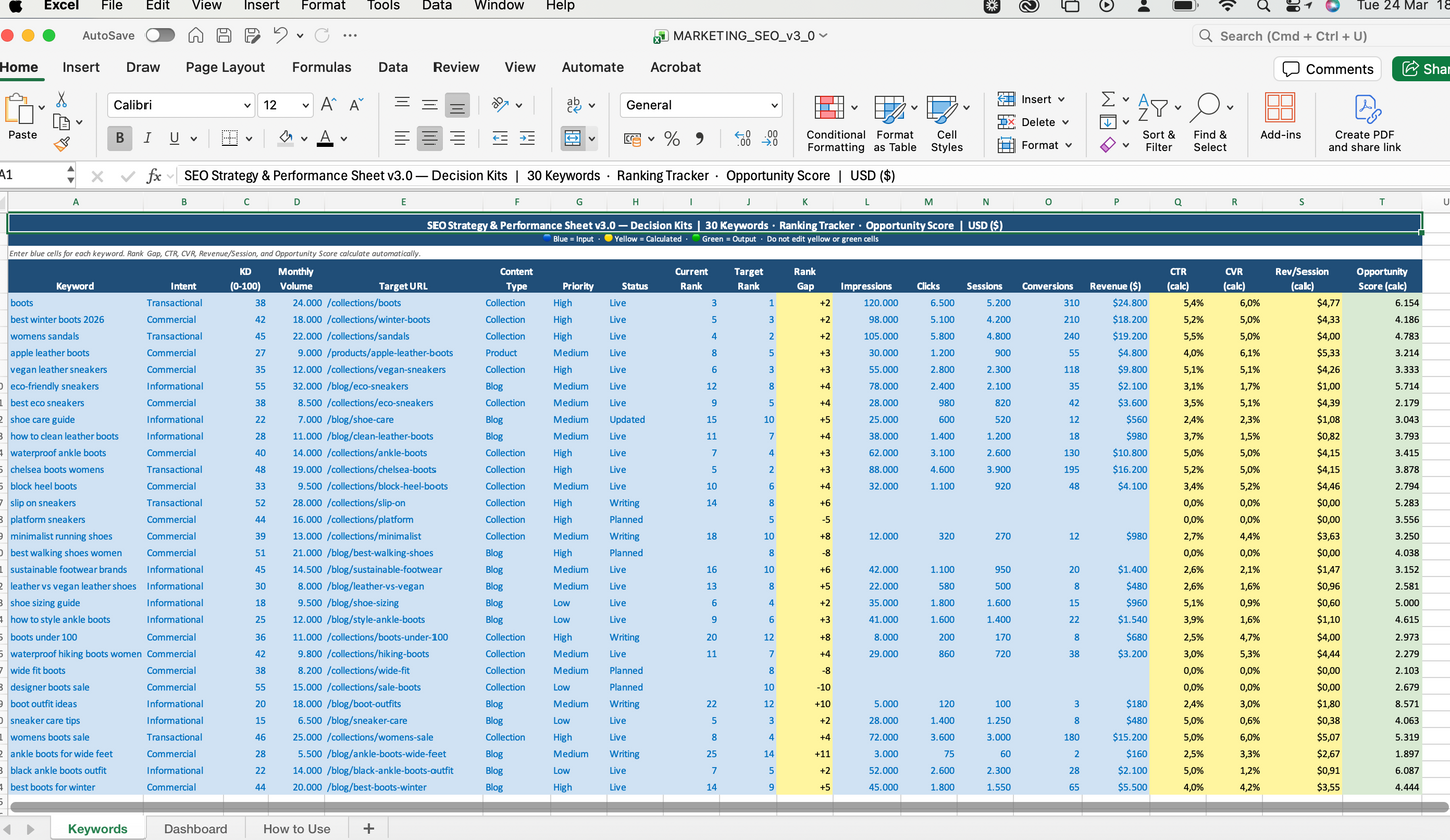 SEO Strategy & Performance Sheet — Excel Template