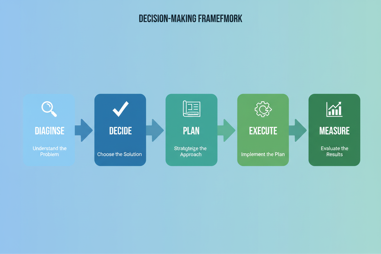 A five-step system for making better decisions: Diagnose → Decide → Plan → Execute → Measure.