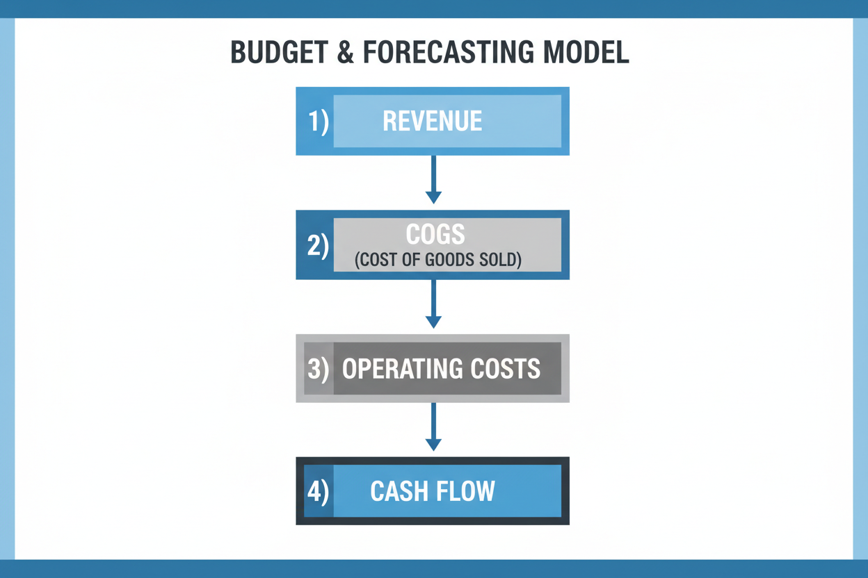 A four-layer model for building budgets and forecasts: Revenue → COGS → Operating Costs → Cash Flow.