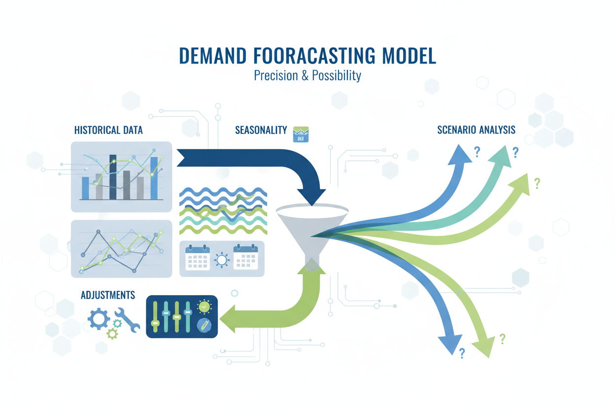 A model that predicts demand using History, Adjustments, Seasonality, and Scenario analysis.