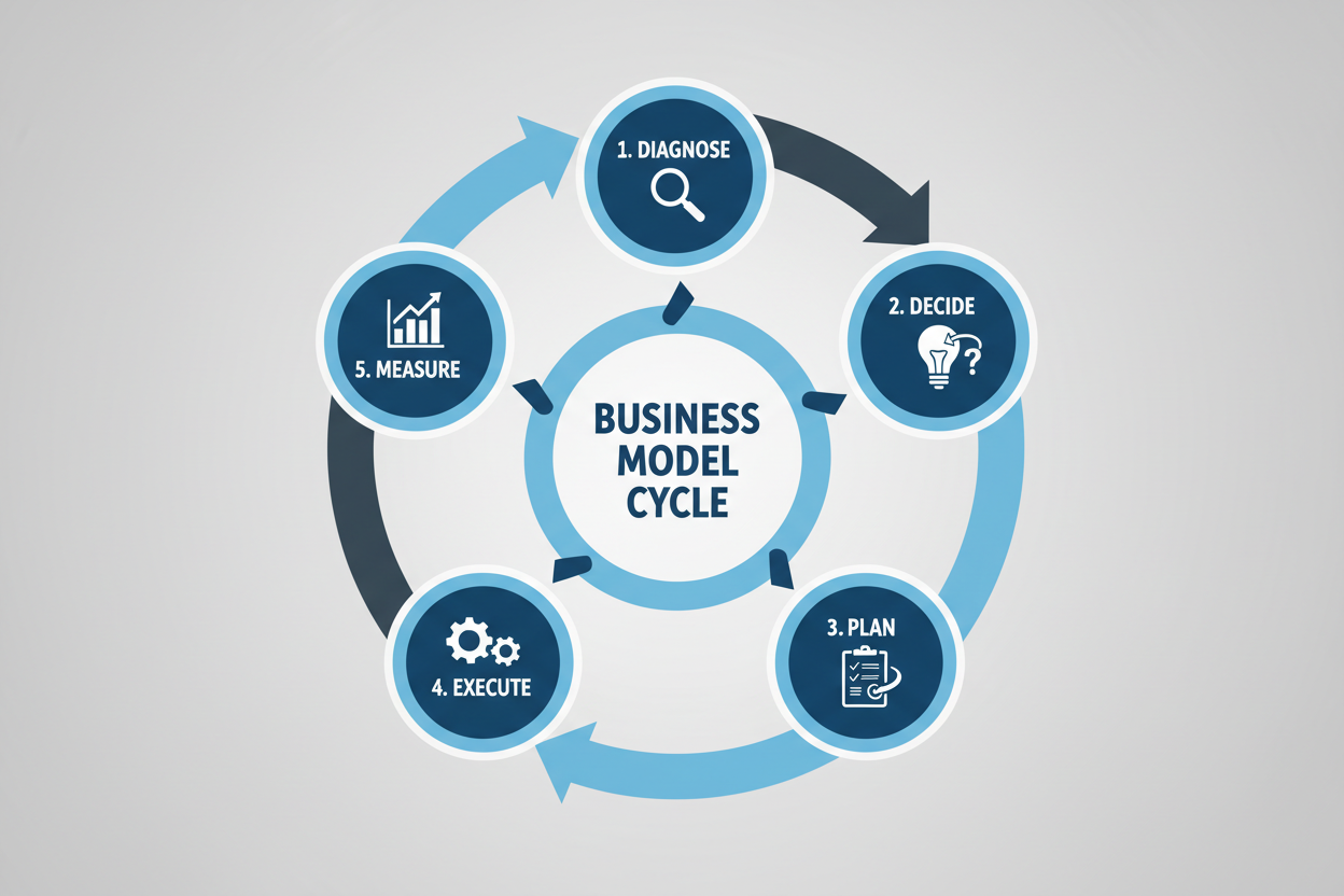 A simple 5-step model that helps you run your business with clarity.
Diagnose problems, make decisions, plan, execute, and measure — this cycle is the backbone of many DecisionKits templates.